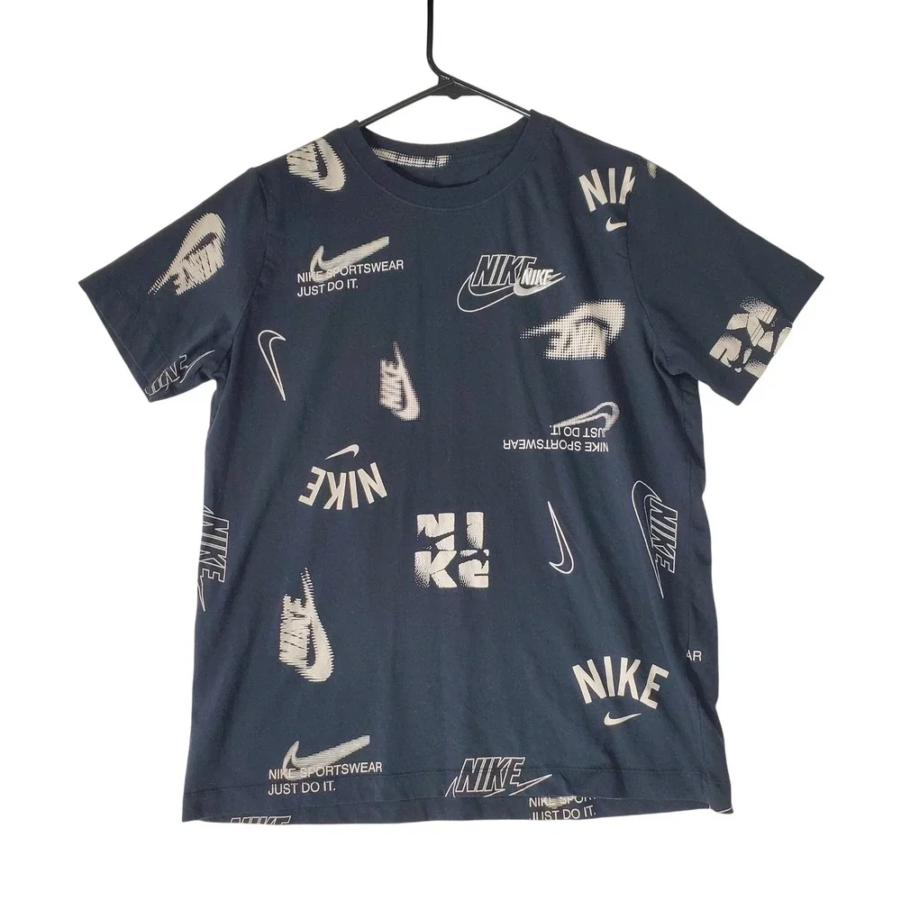 Nike Sportswear Boys XL Black All Over Print Logo T-Shirt HQ9292-010